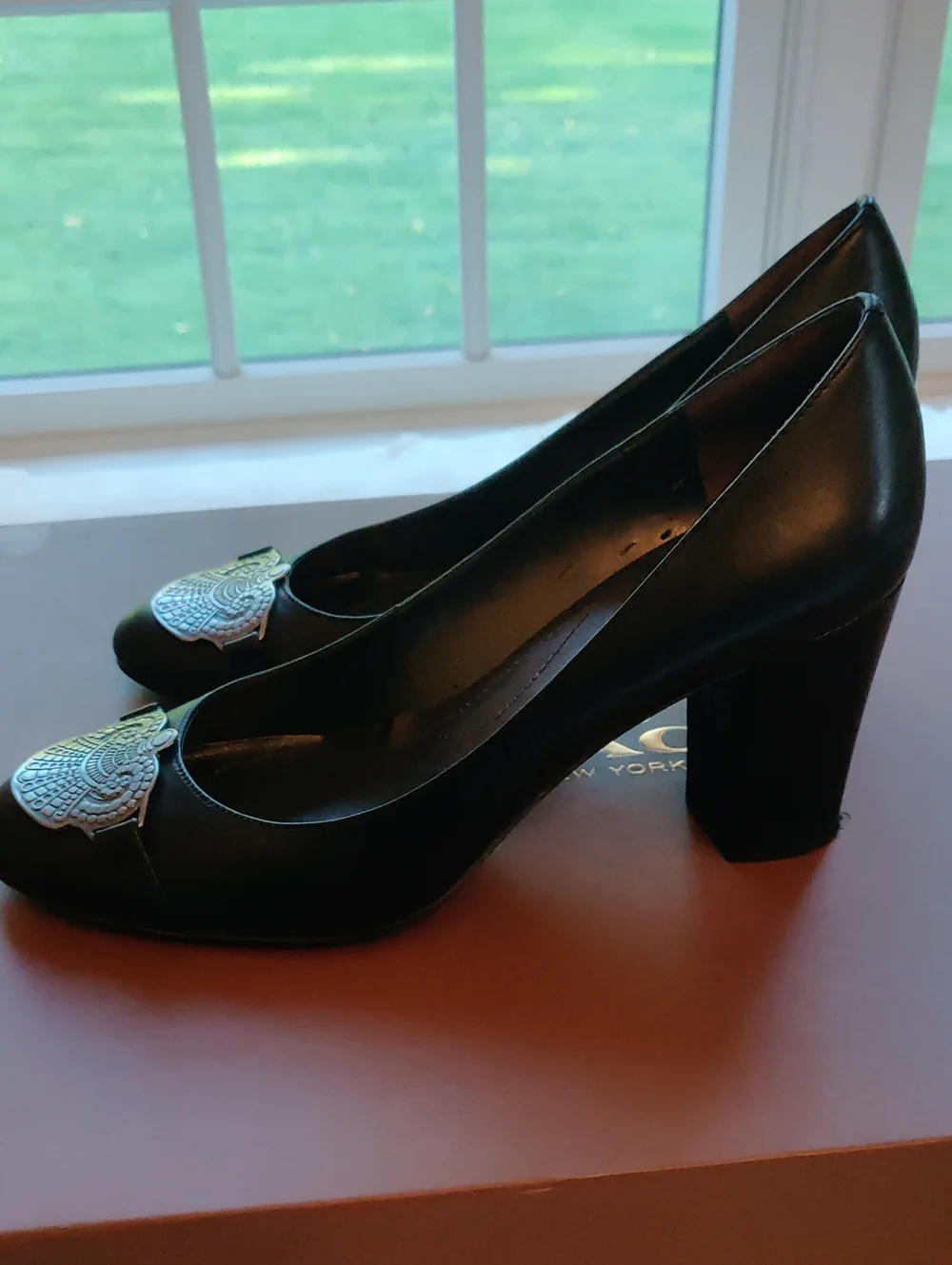 Tahari Black Leather Heels with Silver Decorative Medallions